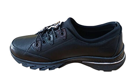 Palovit 027 Kadın Hakiki Deri Lastikli Düz Taban Comfort Günlük Ayakkabı Siyah