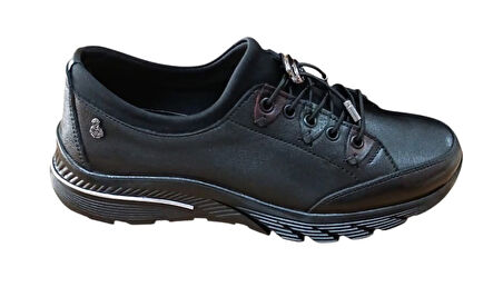 Palovit 027 Kadın Hakiki Deri Lastikli Düz Taban Comfort Günlük Ayakkabı Siyah