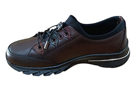 Palovit 027 Kadın Hakiki Deri Lastikli Düz Taban Comfort Günlük Ayakkabı Kahve