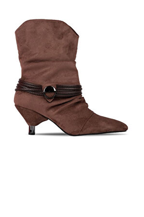 Pine Cone K223 Kadın Süet Topuklu Biye Kemerli Çekme Bot Kahve