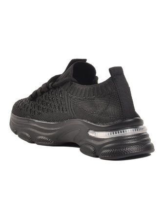 Queen L130 Taşlı Kadın Triko Sneaker Ayakkabı Siyah