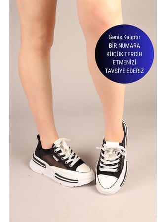 Prens 172 Kadın Fileli Denim Kalın Taban Sneaker Ayakkabı Siyah