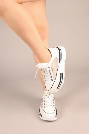 Prens 172 Kadın Fileli Denim Kalın Taban Sneaker Ayakkabı Beyaz