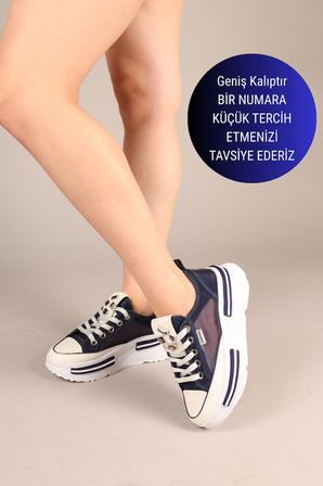 Prens 172 Kadın Fileli Denim Kalın Taban Sneaker Ayakkabı Kot Mavi
