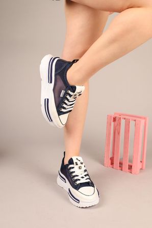 Prens 172 Kadın Fileli Denim Kalın Taban Sneaker Ayakkabı Kot Mavi