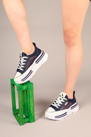 Prens 172 Kadın Fileli Denim Kalın Taban Sneaker Ayakkabı Kot Mavi
