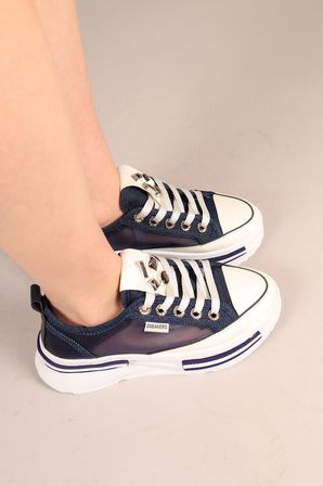 Prens 172 Kadın Fileli Denim Kalın Taban Sneaker Ayakkabı Kot Mavi