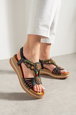 De Scarıo 2066 Kadın Taşlı Dolgu Taban Günlük Comfort Sandalet Siyah