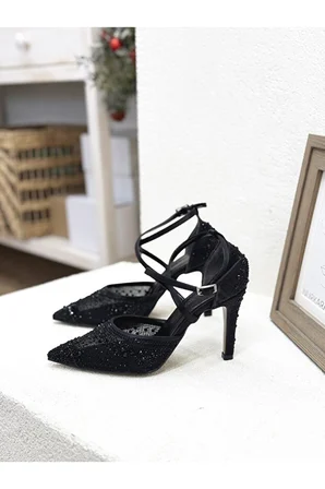 Stillo 420 Kadın Taşlı Tül Detay Bilekten Bağlı İnce Topuklu Yarım Açık Abiye Stiletto Siyah
