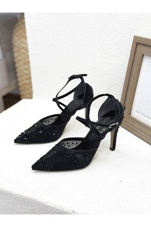 Stillo 420 Kadın Taşlı Tül Detay Bilekten Bağlı İnce Topuklu Yarım Açık Abiye Stiletto Siyah