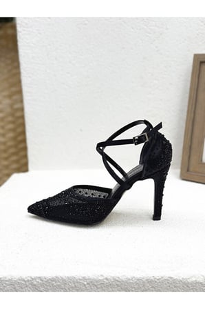 Stillo 420 Kadın Taşlı Tül Detay Bilekten Bağlı İnce Topuklu Yarım Açık Abiye Stiletto Siyah