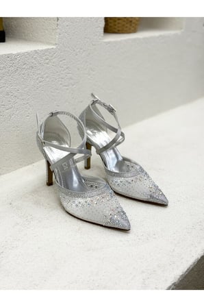 Stillo 420 Kadın Taşlı Tül Detay Bilekten Bağlı İnce Topuklu Yarım Açık Abiye Stiletto Gümüş