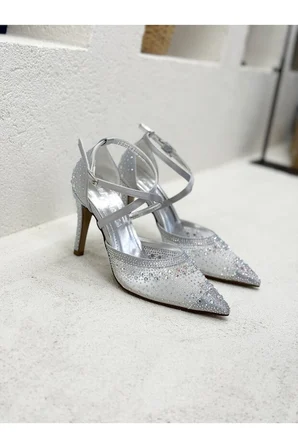 Stillo 420 Kadın Taşlı Tül Detay Bilekten Bağlı İnce Topuklu Yarım Açık Abiye Stiletto Gümüş