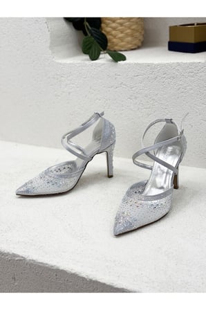 Stillo 420 Kadın Taşlı Tül Detay Bilekten Bağlı İnce Topuklu Yarım Açık Abiye Stiletto Gümüş