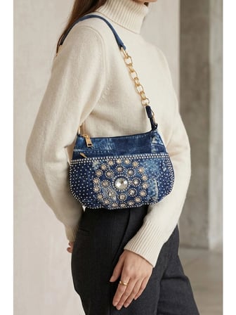 Guja C1090 Kadın Taşlı Denim Küçük Omuz Ve Çapraz Çanta Kot Mavi