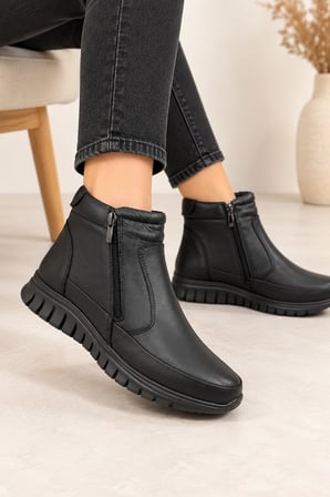 Fabbi 83707 Kadın Hakiki Deri Çift Fermuarlı Günlük Comfort Bot Siyah