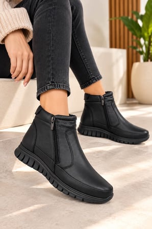Fabbi 83707 Kadın Hakiki Deri Çift Fermuarlı Günlük Comfort Bot Siyah