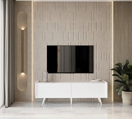 ENWOOD RİGEL COUNTRY BEYAZ MDF 2 KAPAKLI (DÜŞME KAPAK) AHŞAP AYAKLI 160 CM TV ÜNİTESİ