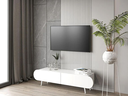 Enwood Regulus Beyaz Mdf 2 Kapaklı(Üstten Açılır) Ahşap Ayaklı 160 Cm Modern Tv Ünitesi