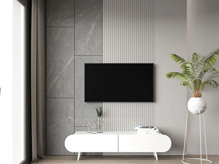 Enwood Regulus Beyaz Mdf 2 Kapaklı(Üstten Açılır) Ahşap Ayaklı 160 Cm Modern Tv Ünitesi