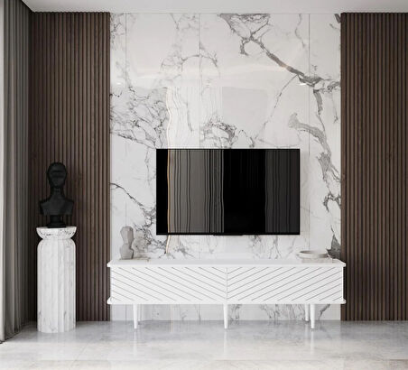 Enwood Pollux Country Mdf Beyaz 2 Kapaklı Ahşap Ayaklı 180 Cm Tv Ünitesi