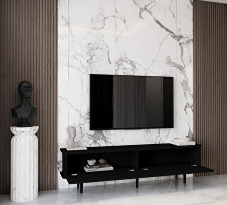 Enwood Pollux Country Mdf Siyah 2 Kapaklı Ahşap Ayaklı 180 Cm Tv Ünitesi