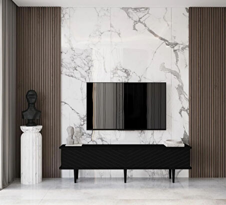 Enwood Pollux Country Mdf Siyah 2 Kapaklı Ahşap Ayaklı 160 Cm Tv Ünitesi