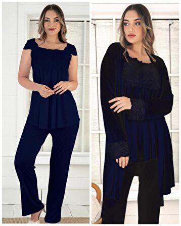 Duchesse 32001 Lacivert Hamile Lohusa 3 Lü Pijama Sabahlık Tk