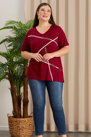 Wearon Kadın Nehir Geometrik Baskılı Taşlı Yırtmaçlı Bordo Tişört