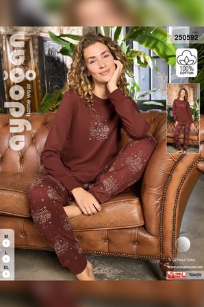 Aydoğan Kadın O Yaka Bileği Ribanalı Kahve Alçin Pijama Takımı 0592