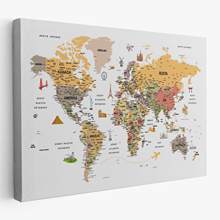 Harita Sepeti Türkçe Dünya Haritası Ayrıntılı Eğitici-Öğretici ve Sembollü Dekoratif Kanvas Tablo 3200