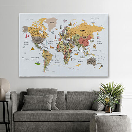 Harita Sepeti Türkçe Dünya Haritası Ayrıntılı Eğitici-Öğretici ve Sembollü Dekoratif Kanvas Tablo 3200