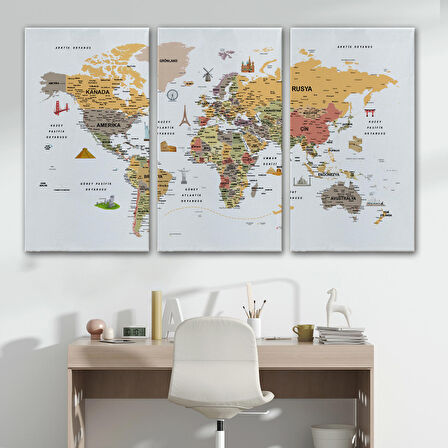 Harita Sepeti Türkçe Dünya Haritası Ayrıntılı Eğitici-Öğretici ve Sembollü Dekoratif Kanvas Tablo 3200