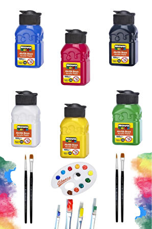 Nova Color 6 Renk Akrilik Boya 100gr 6'lı Palet Fırça Seti