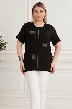 Wearon Kadın Ada Taşlı Baskılı Yırtmaçlı Penye Siyah Tişört
