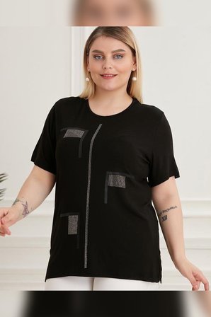 Wearon Kadın Ada Taşlı Baskılı Yırtmaçlı Penye Siyah Tişört