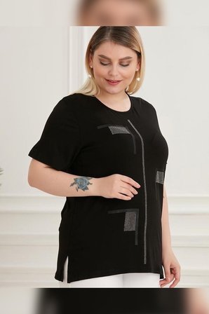 Wearon Kadın Ada Taşlı Baskılı Yırtmaçlı Penye Siyah Tişört
