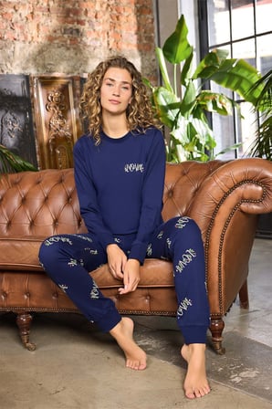 Aydoğan Kadın O Yaka Bileği Ribanalı Lacivert Alçin Pijama Takımı 0599