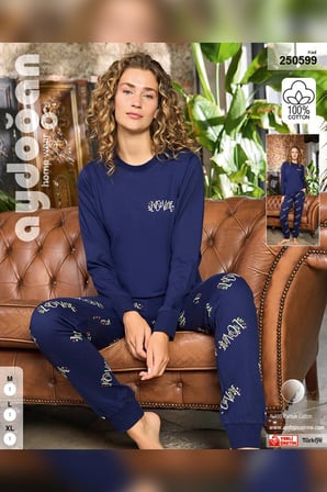 Aydoğan Kadın O Yaka Bileği Ribanalı Lacivert Alçin Pijama Takımı 0599