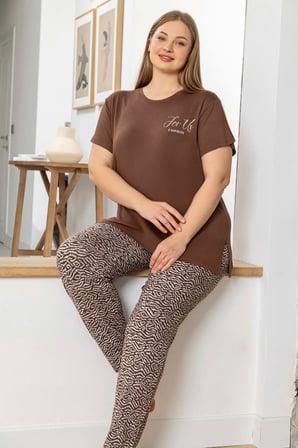 Aydoğan Kadın inci Büyük Beden Kısa Kol Kahve Pijama Takım 0055