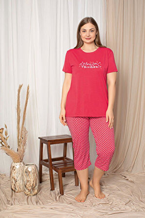 Kadın Yuvarlak Yaka Düğmesiz Viskon Geniş Battal Büyük Beden Cepli Kapri Pijama Takımı