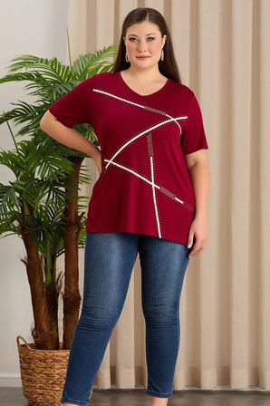Wearon Kadın Nehir Geometrik Baskılı Taşlı Yırtmaçlı Bordo Tişört