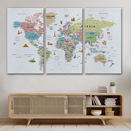 Harita Sepeti Dünya Haritası Son Derece Ayrıntılı Eğitici ve Sembollü Kanvas Tablo 3203