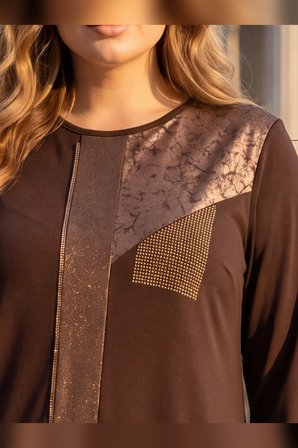 Wearon Kadın Büyük Beden 2 ip Penye Süs Derili Taşlı Beste Kahve Elbise