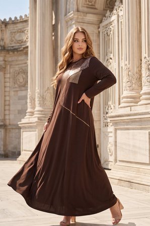 Wearon Kadın Büyük Beden 2 ip Penye Süs Derili Taşlı Beste Kahve Elbise