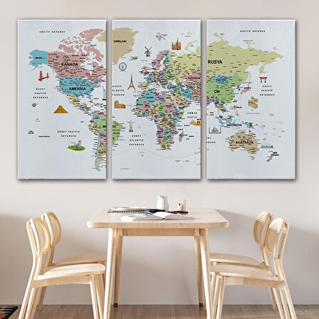 Harita Sepeti Türkçe Dünya Haritası Son Derece Ayrıntılı Eğitici ve Sembollü Kanvas Tablo 3204