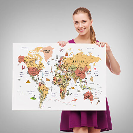 Harita Sepeti Dünya Haritası Son Derece Ayrıntılı Eğitici ve Sembollü Kanvas Tablo 3205