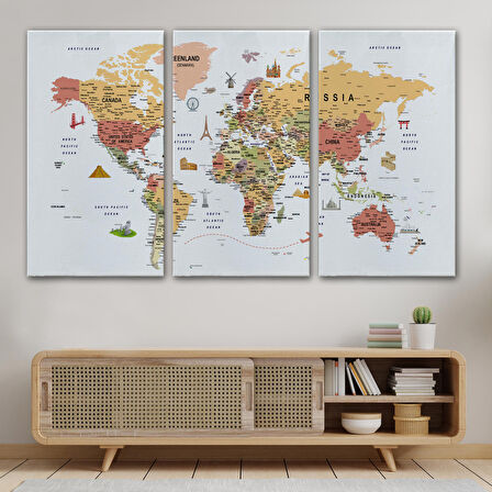 Harita Sepeti Dünya Haritası Son Derece Ayrıntılı Eğitici ve Sembollü Kanvas Tablo 3205