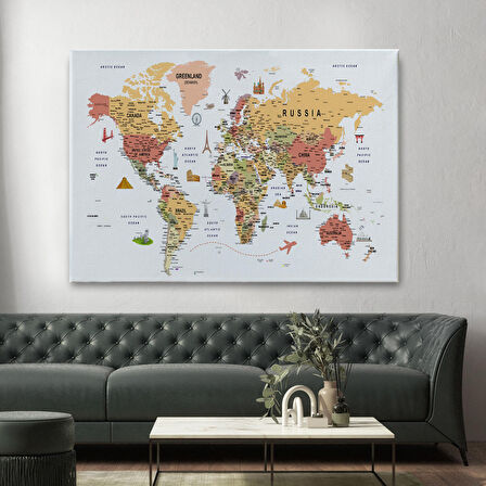 Harita Sepeti Dünya Haritası Son Derece Ayrıntılı Eğitici ve Sembollü Kanvas Tablo 3205