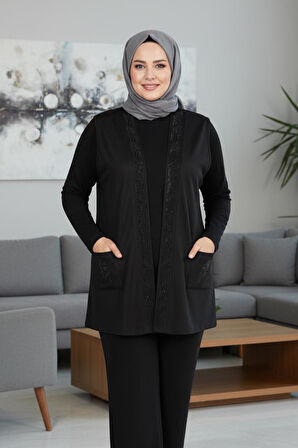 Hesna Kadın Alçin Büyük Beden 2 İp Kristal Taşlı Cepli Siyah Yelek